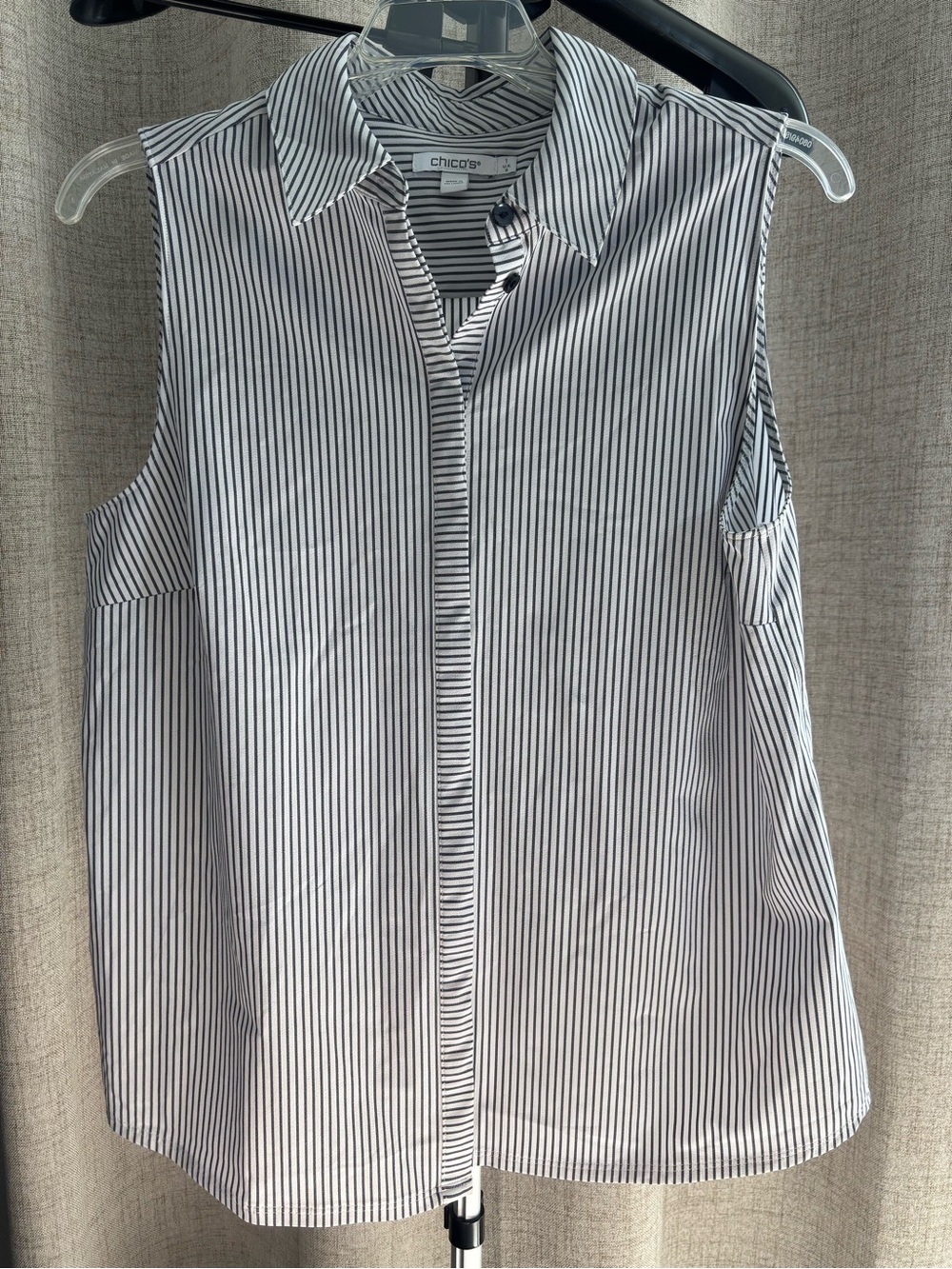 Chico's Black‎ and White Pinstripe Sleeveless Button-Down Shirt